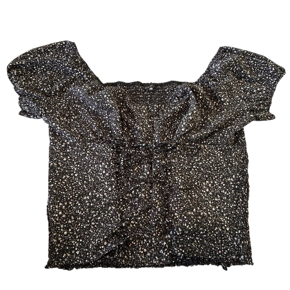 Zenobia Black Ditsy‎ Floral Milkmaid Lace Up Front Blouse, 3XL
